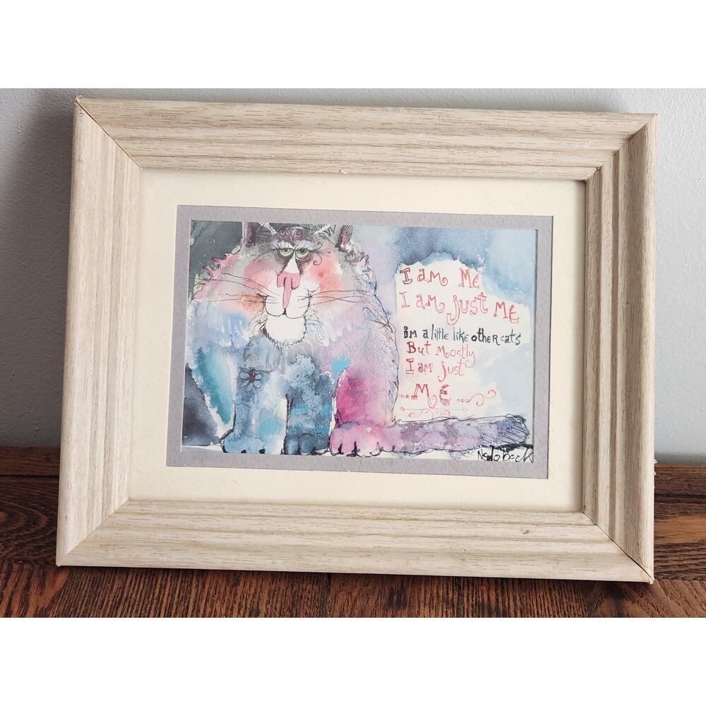 VTG Don Nedobeck Art Print "Rainbow Cat" 1998 Artist Signed Framed Matted 10x8